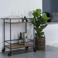 Vita Barvogn på hjul med 2 opbevaringshylder, sort, eg imitation. brun