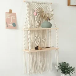 2X Håndlavet kvast Macrame væghængende hylde Boho bomuldsreb vævet gobelin planteophæng flydende hylde