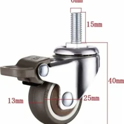 XVX Sæt med 4 små møbelhjul - 25 mm - Blødt gummi TPE - M6 x 15 mm - Gevind (2 dele med bremse) (25 mm)