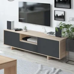 ZAIRA tv-skab - antracit og eg melamin - 3 døre - L150 x D41 x H46 cm Kanadensisk ek och anthrgrå.